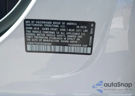 2016 Volkswagen Passat 1.8T S from USA, damaged, VIN 1VWAT7A37GC060960